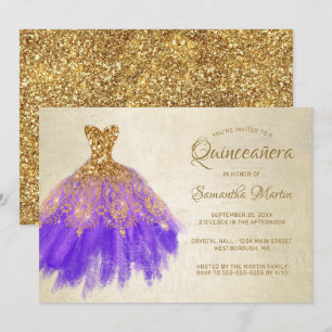 Convite Quinceanera Chic Dourado Purple Vestido Dourado Fe