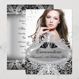 Convite Quinceanera Chic Prata Damasko Diamante Jóia Foto