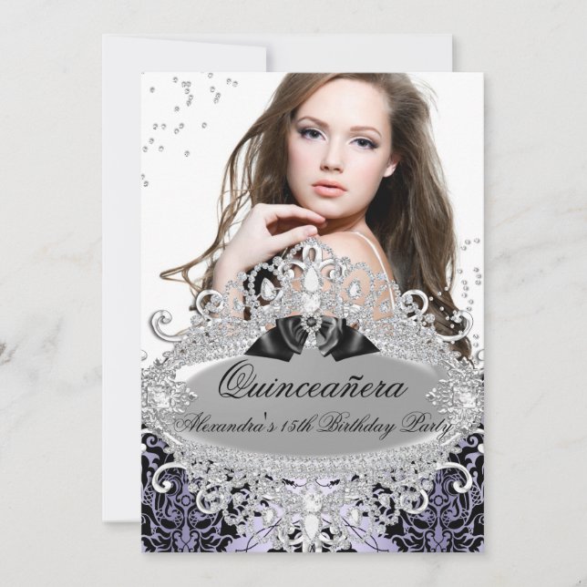 Convite Quinceanera Chic Purple Damask Diamond Jewel Foto (Frente)