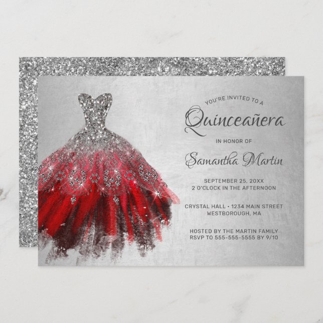 Convite Quinceanera Chic Red Silver Festa de Vestido (Frente/Verso)
