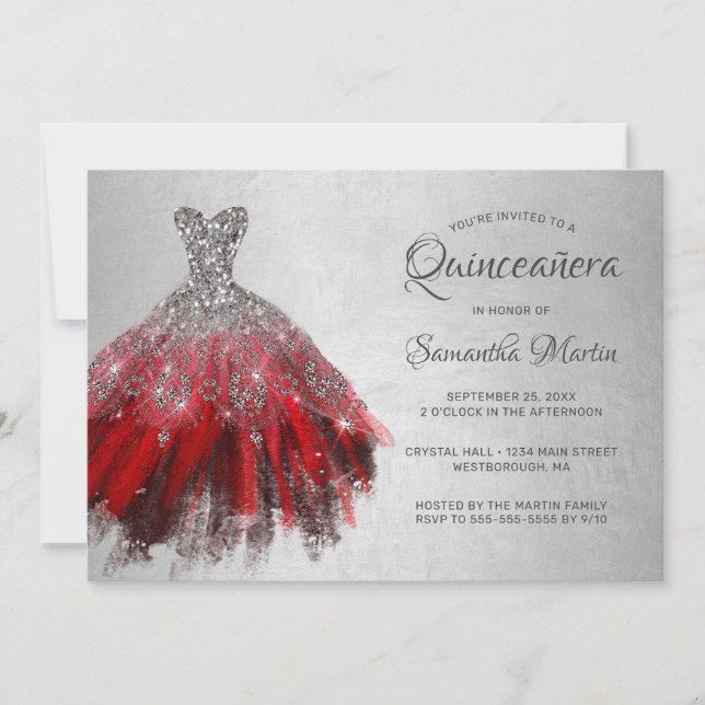 Convite Quinceanera Chic Red Silver Vestido Festa Brilhant (Frente)