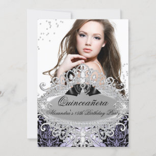 Convite Quinceanera Chic Roxo Damasko Diamante Jóia Foto