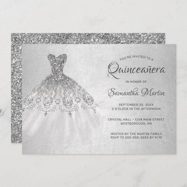 Convite Quinceanera Chic Silver Vestir o Partido Glitter P (Frente/Verso)