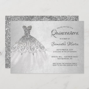 Convite Quinceanera Chic Silver Vestir o Partido Glitter P