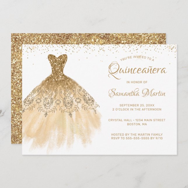 Convite Quinceanera Chic Vestir Dourado Festa Branca De Gl (Frente/Verso)