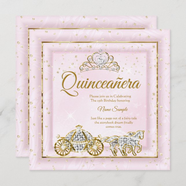 Convite Quinceanera Cinderela Blush Carruagem Rosa 2 (Frente/Verso)