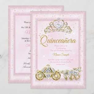 Convite Quinceanera Cinderela Rosa Bege Carruagem