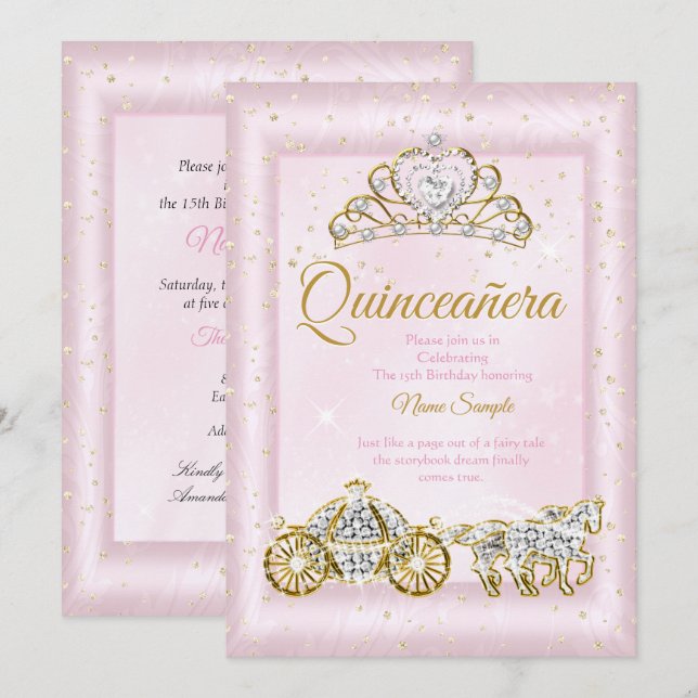Convite Quinceanera Cinderela Rosa Carruagem (Frente/Verso)