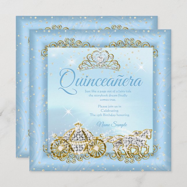 Convite Quinceanera Cinderella Blue conto Carruagem 2 (Frente/Verso)