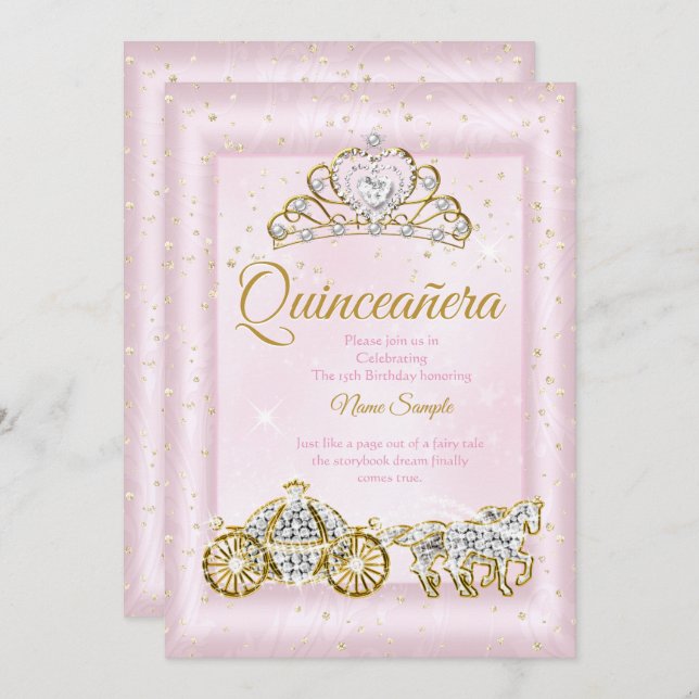 Convite Quinceanera Cinderella Blush Carruagem Rosa (Frente/Verso)