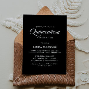 Convite Quinceañera Clássica em Preto e Branco com Caligra