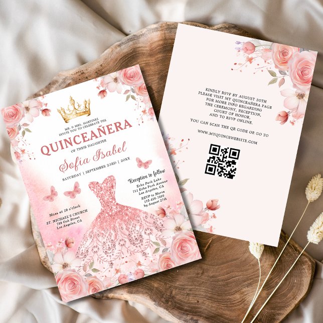 Convite Quinceañera Código QR Blush Rosa Rosa Rosa Rosa Ro (Criador carregado)