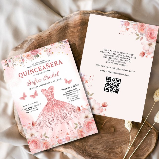 Convite Quinceañera Código QR Blush Rosa Rosa Rosa Rosa Ro (Criador carregado)