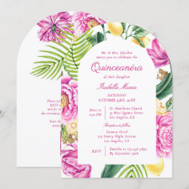 Convite Quinceañera Código QR Peônias Florais Aquarela