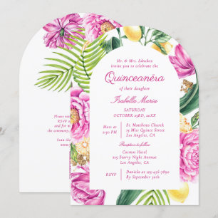 Convite Quinceañera Código QR Peônias Florais Aquarela