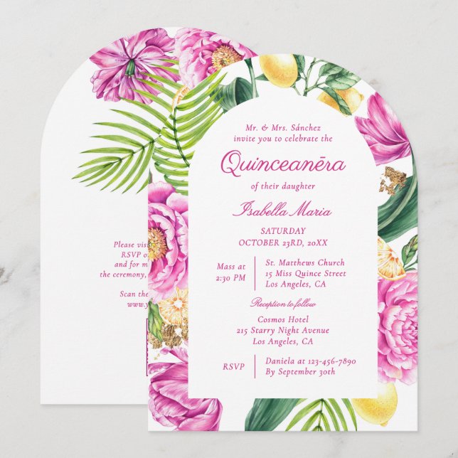 Convite Quinceañera Código QR Peônias Florais Aquarela (Frente/Verso)