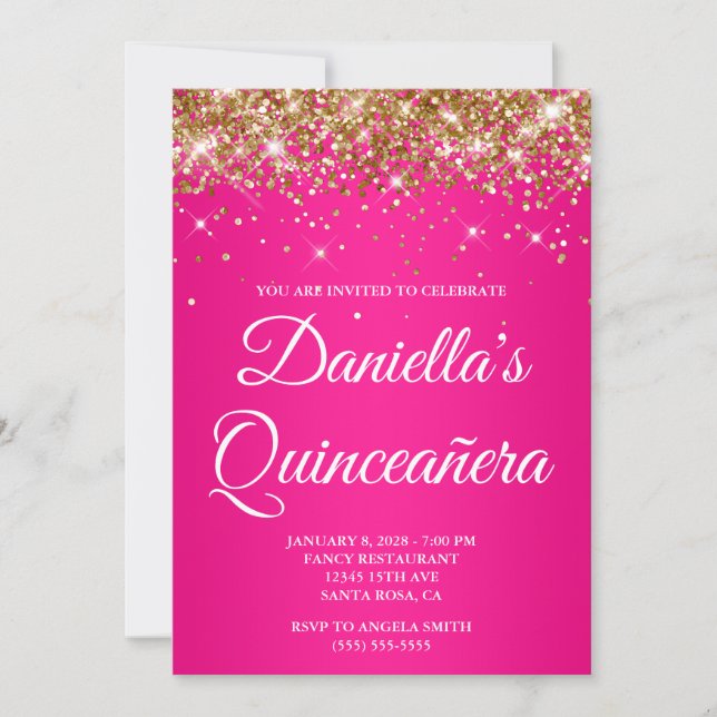 Convite Quinceañera, Colher Rosa Quente Dourado (Frente)