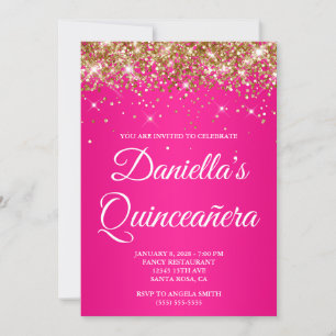 Convite Quinceañera, Colher Rosa Quente Dourado