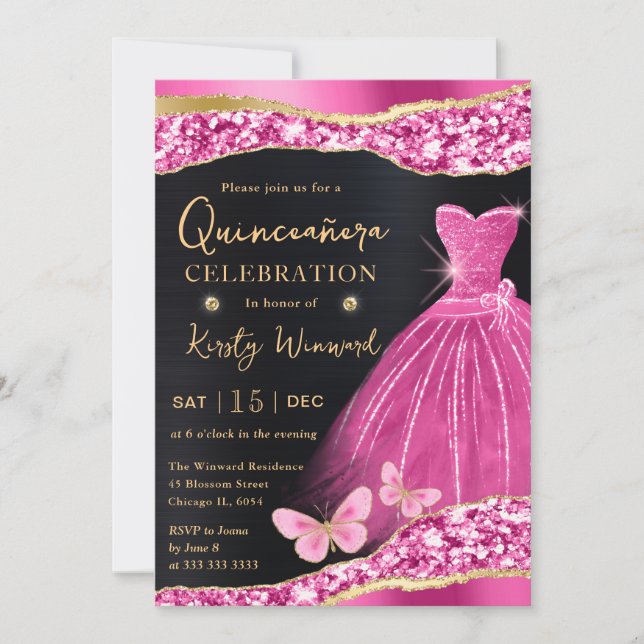 Convite Quinceanera, Coloração aquática rosa e Dourada, co (Frente)