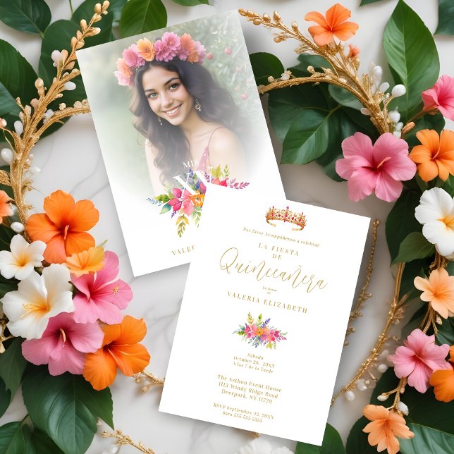 Convite Quinceañera Colorful Flowers & Foliage Photo (Spanish Cherish Quinceañera Colorful Flowers & Foliage and Princess Tiara Photo Invitations Cards.)
