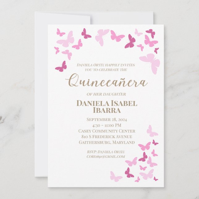 Convite Quinceañera com Borboletas Rosa Letra Dourada (Frente)