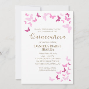 Convite Quinceañera com Borboletas Rosa Letra Dourada