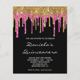 Convite Quinceañera com Brilho Rosa Quente Dourado