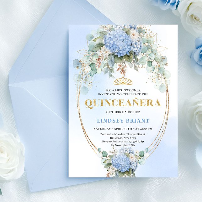 Convite Quinceañera com Flores Azuis Chic e Folhag (Chic Blue Flowers Greenery Quinceañera Invitation)