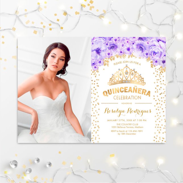 Convite Quinceanera Com Foto - Dourado Branco Roxo (Criador carregado)