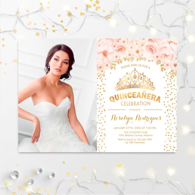 Convite Quinceanera Com Foto - Dourado Floral Rosa (Criador carregado)
