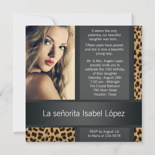 Convite Quinceanera com Foto Personalizada de Leopardo (Frente)