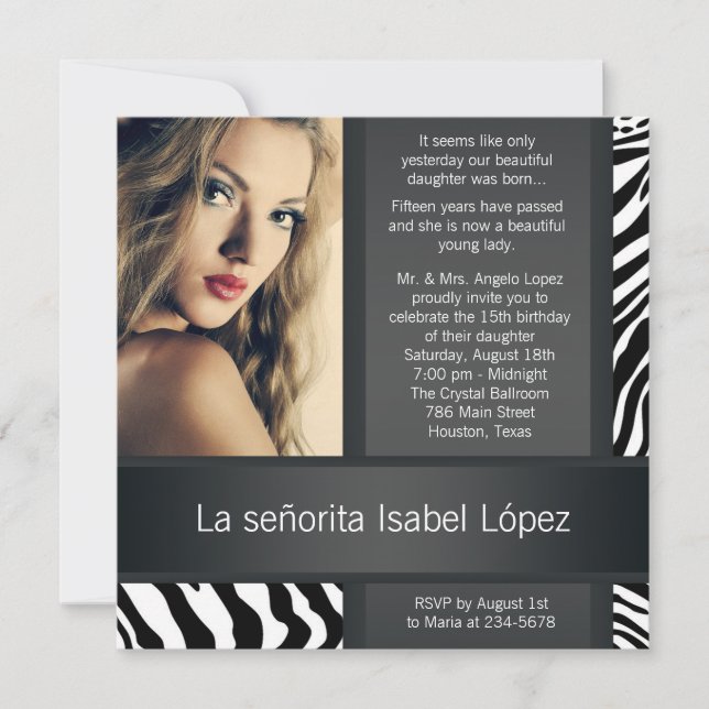 Convite Quinceanera com Foto Personalizada de Zebra (Frente)