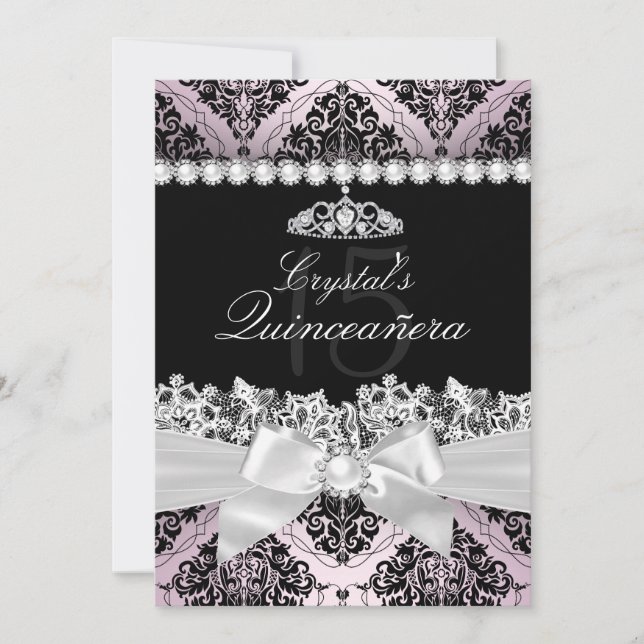 Convite Quinceanera com Laço de Damasco Rosa e Pre (Frente)