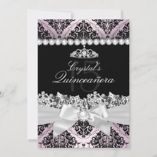 Convite Quinceanera com Laço de Damasco Rosa e Pre