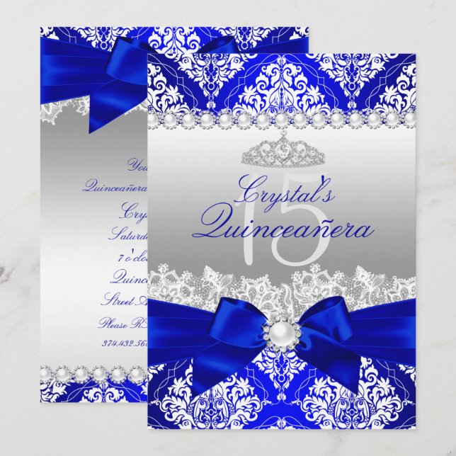 Convite Quinceanera com Laço de Pérola Azul Real D (Frente/Verso)