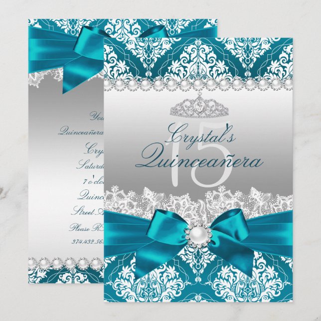 Convite Quinceanera com Laço Pérola e Damask Verde (Frente/Verso)
