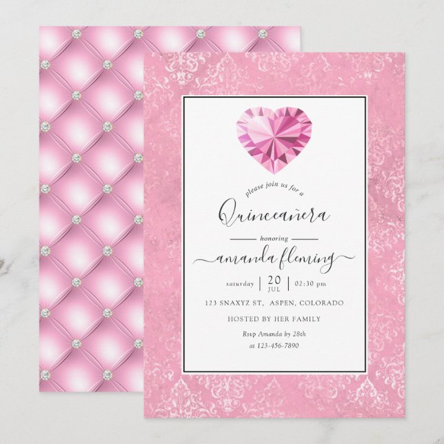 Convite Quinceañera com Pedra Preciosa Rosa (Frente/Verso)