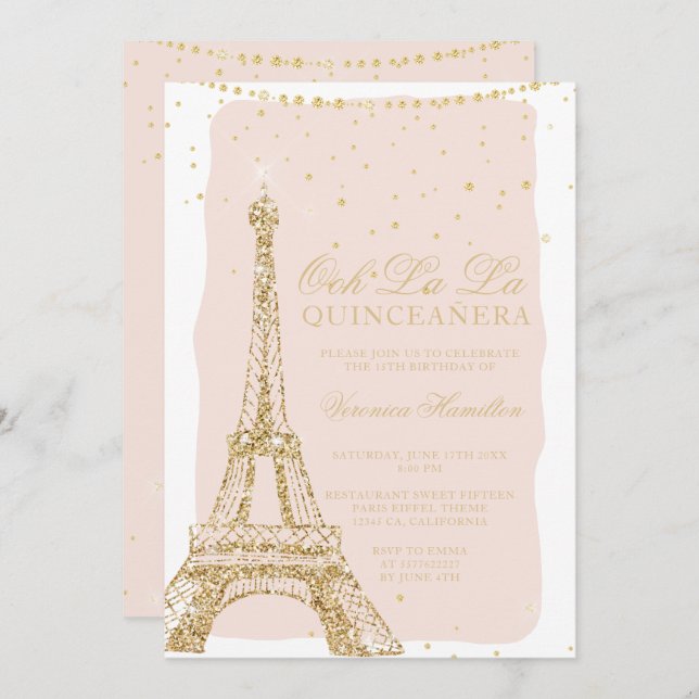 Convite Quinceanera com relva de ouro em torre Eiffel (Frente/Verso)