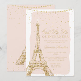 Convite Quinceanera com relva de ouro em torre Eiffel