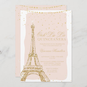 Convite Quinceanera com relva de ouro em torre Eiffel