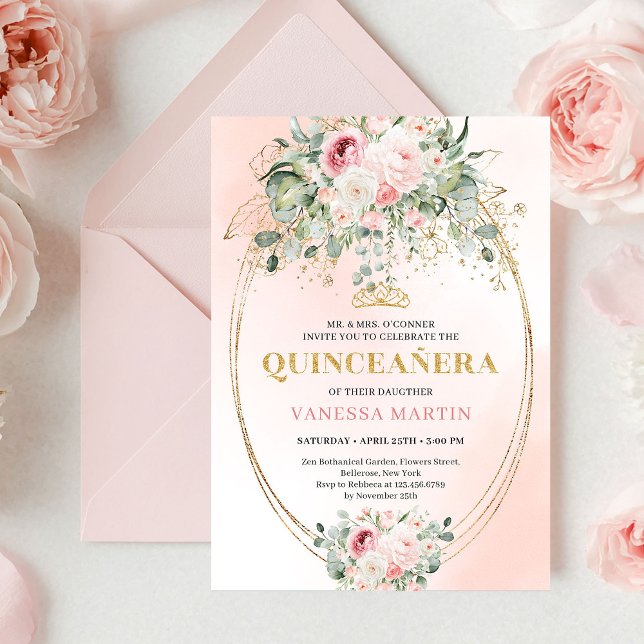Convite Quinceañera com Rosas Cor-de-Rosa Rústicas (Rustic Blush Roses Eucalyptus Quinceañera Invitation)