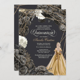 Convite Quinceañera com Rosas Pretos, palhaço Dourado e br