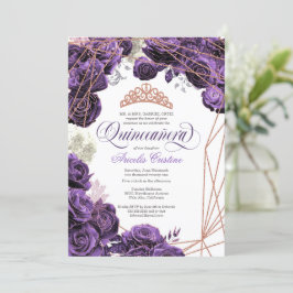 Convite Quinceañera com Roxo Regal e Rosa Dourada Tiara