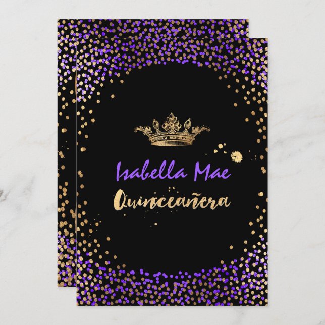 Convite Quinceanera/Confetti/Neon Purple/Princess/Crown (Frente/Verso)
