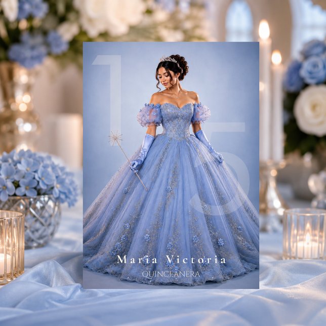 Convite Quinceañera Conto de Fadas Azul Claro Prata (Criador carregado)