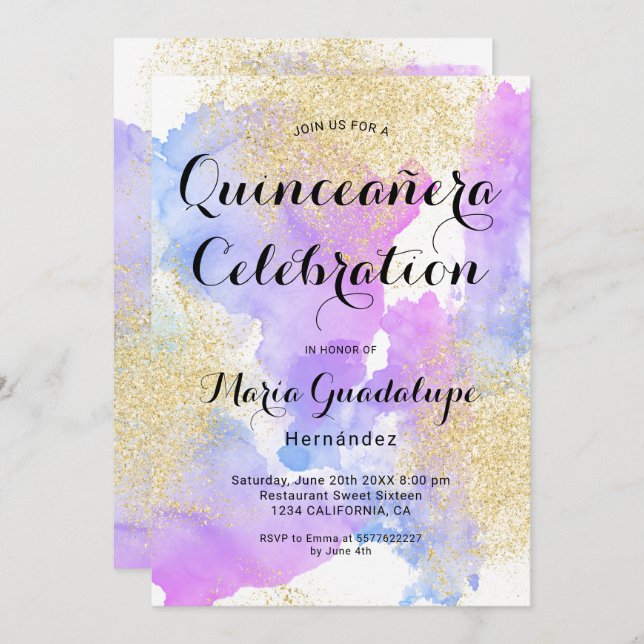 Convite Quinceanera, cor-de-água rosa moderna, dourada (Frente/Verso)