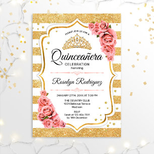 Convite Quinceanera - Cor-de-rosa branco Dourado