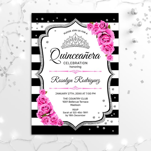 Convite Quinceanera - Cor-de-rosa branco preto (Criador carregado)