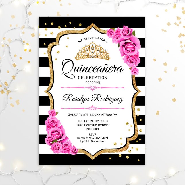 Convite Quinceanera - Cor-de-rosa branco preto (Criador carregado)