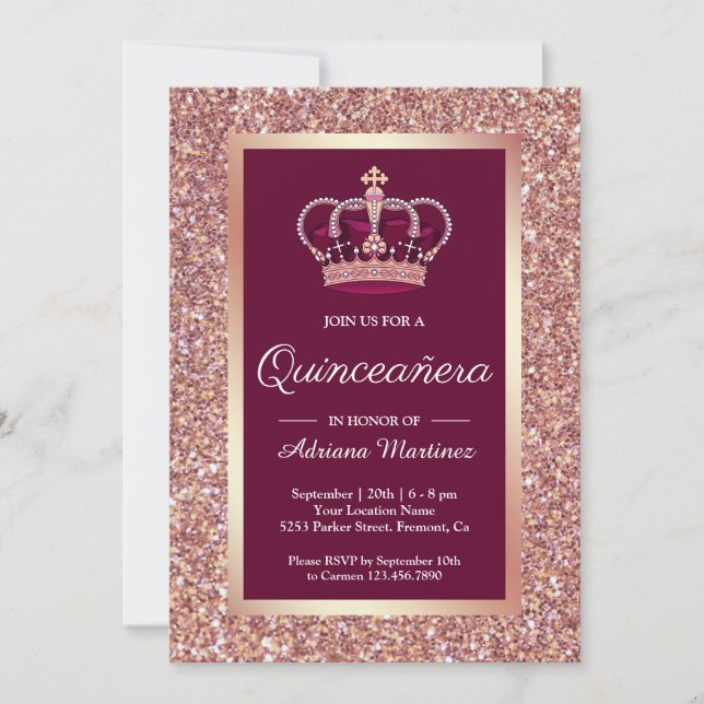 Convite Quinceanera Cor-de-Rosa, Princesa Dourada, Glitter (Frente)